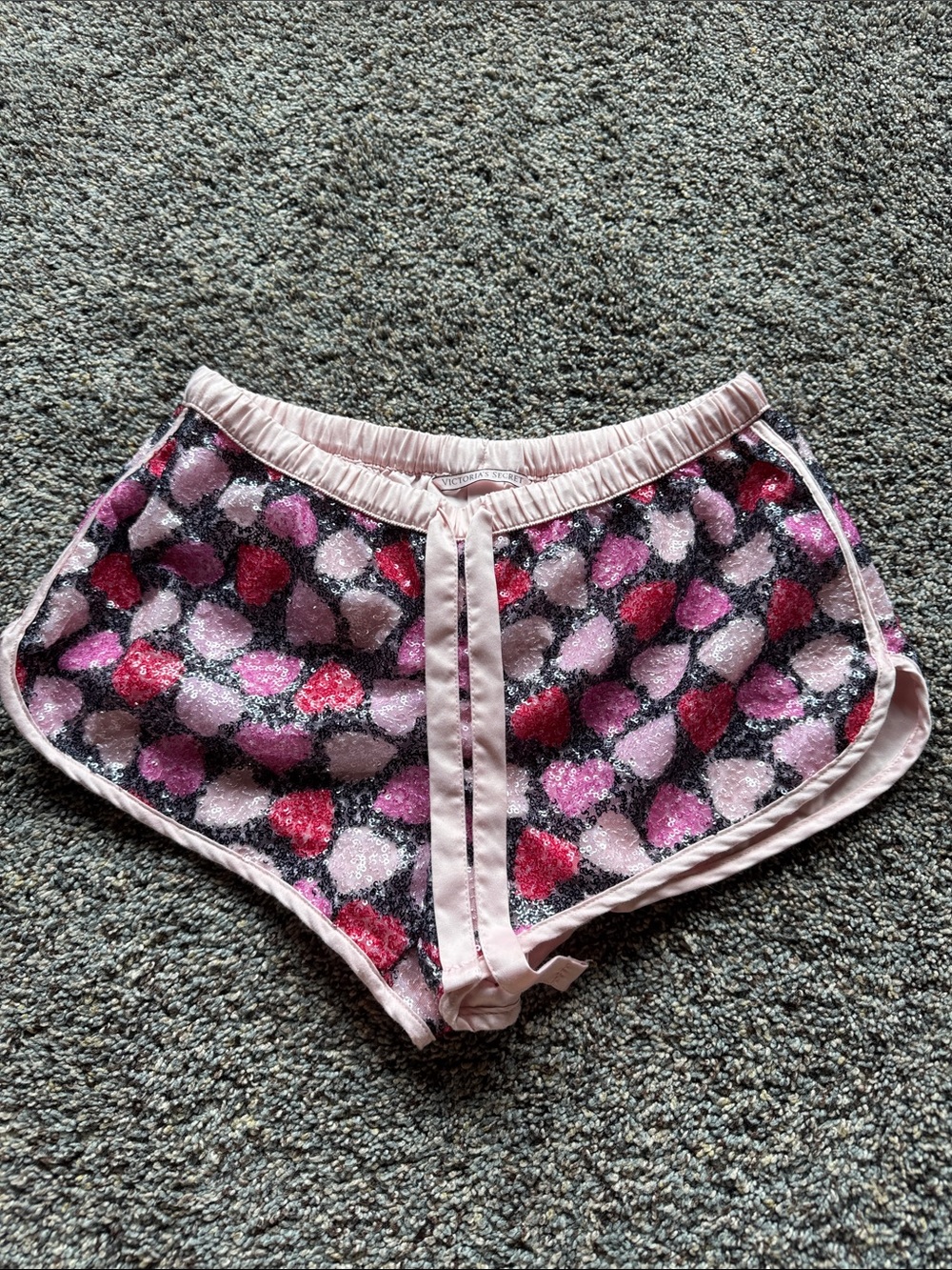 Victoria’s Secret Pink & Black Glitter Heart Print Satin Shorts